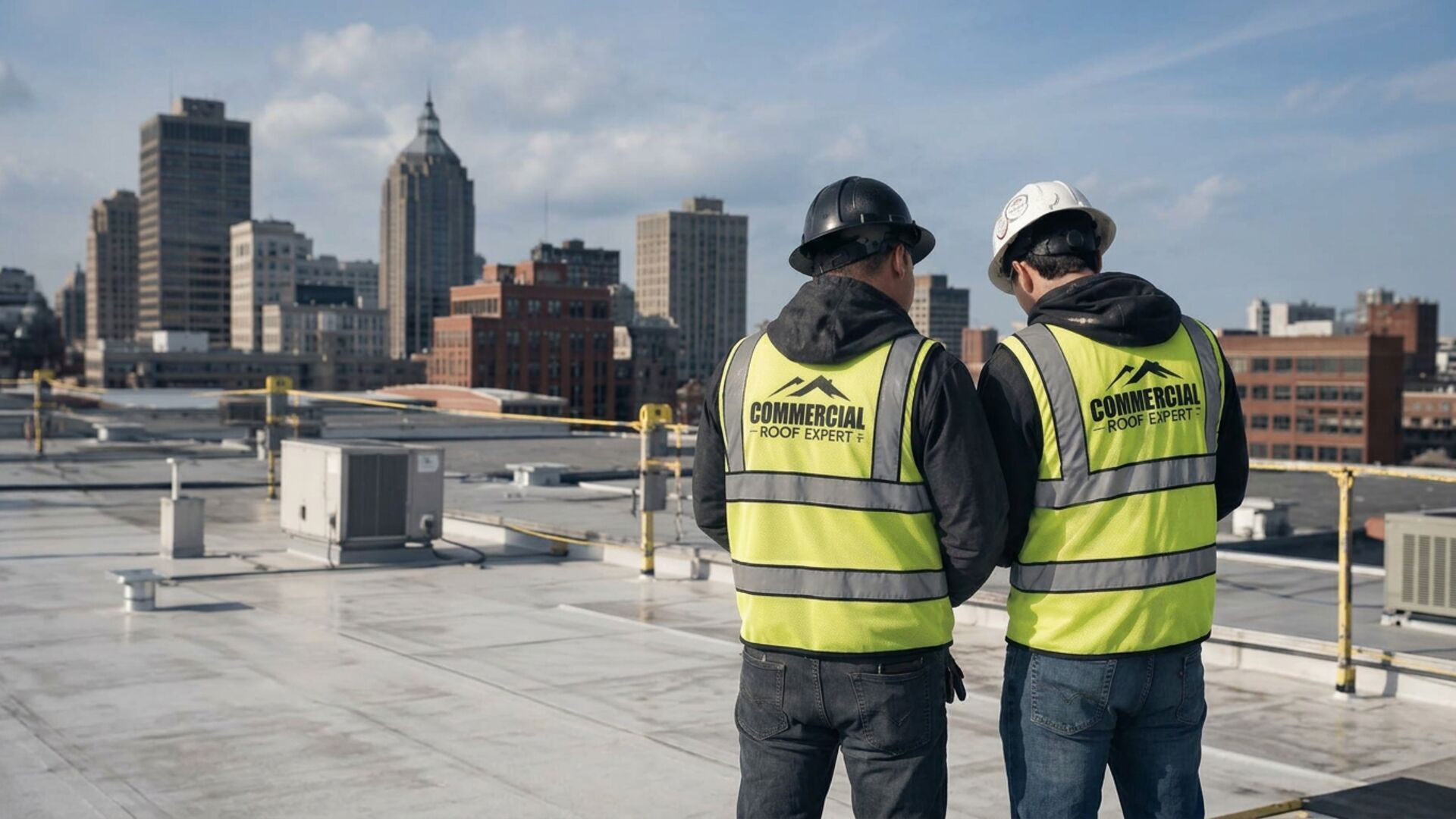 Commercial Roof Expert inspection team on a flat commercial roof overlooking the city skyline